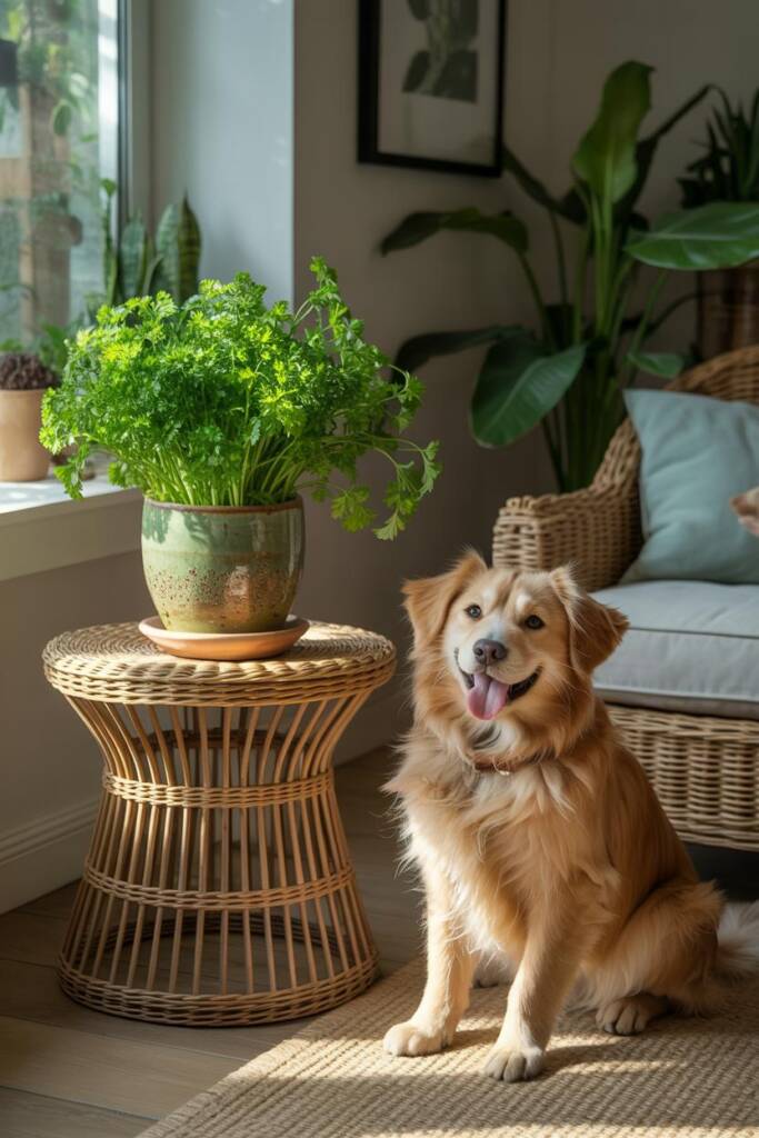 Parsley growing in the garden with a happy dog smiling. herbs that are safe parsley for dogs