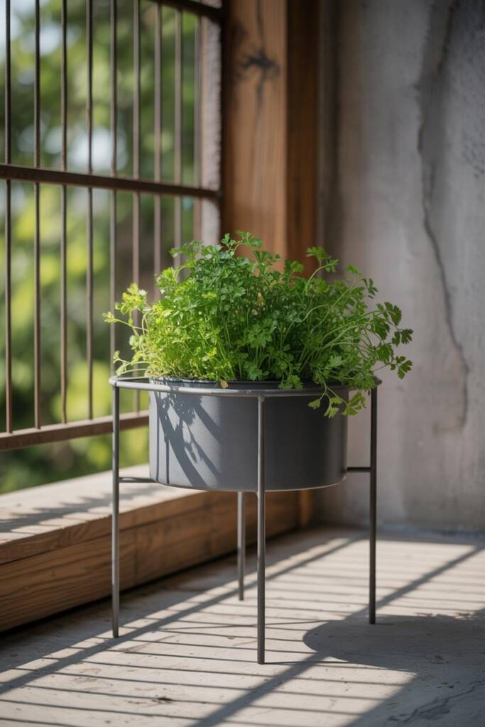 Parsley growing in the garden with a happy dog smiling. herbs that are safe parsley for dogs