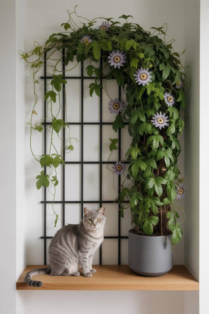 Passionflower vines in bloom with a calm cat sitting beneath. herbs that are safe passionflower for pets