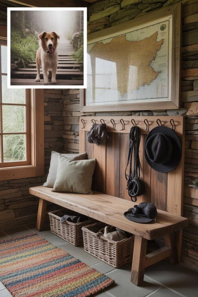 Collie crossing wooden bridge in misty Pocono forest; earthy greens and browns; inset sepia-style image of leashed dog at Get