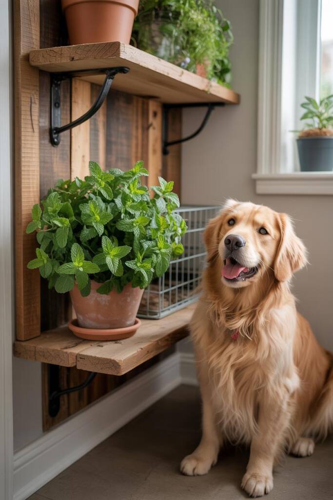 Peppermint leaves in a pot with a smiling dog panting happily. herbs that are safe peppermint for dogs