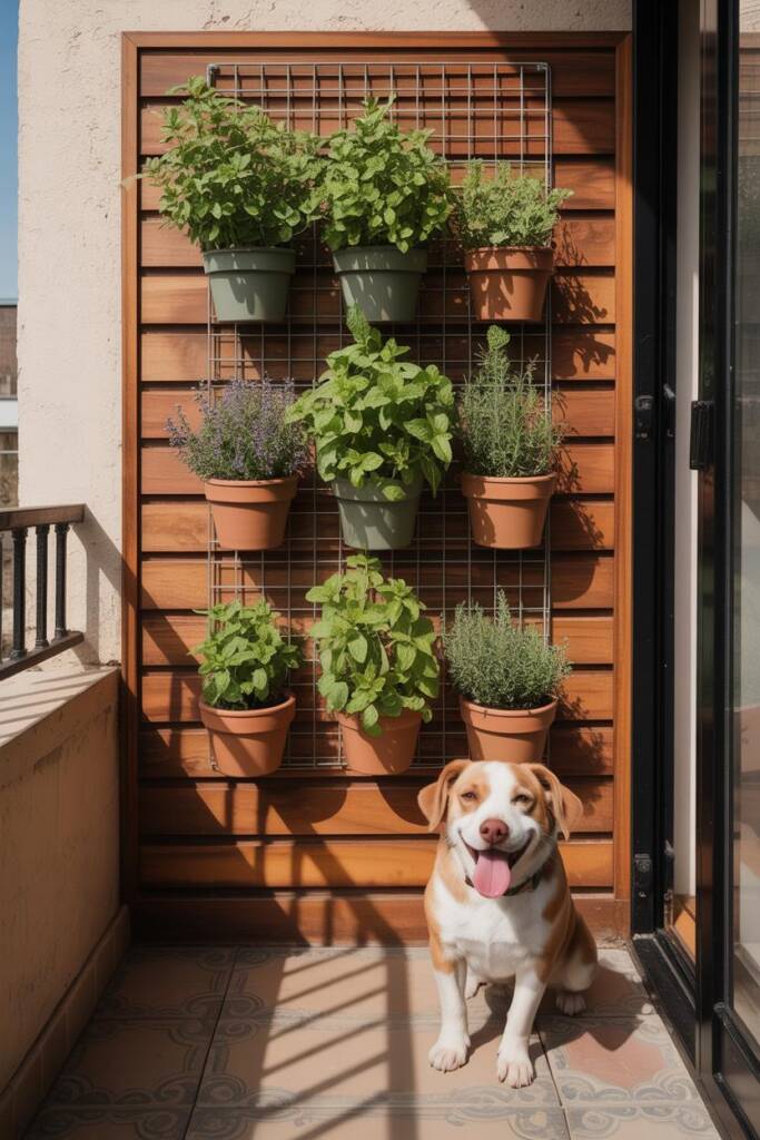 Peppermint leaves in a pot with a smiling dog panting happily. herbs that are safe peppermint for dogs