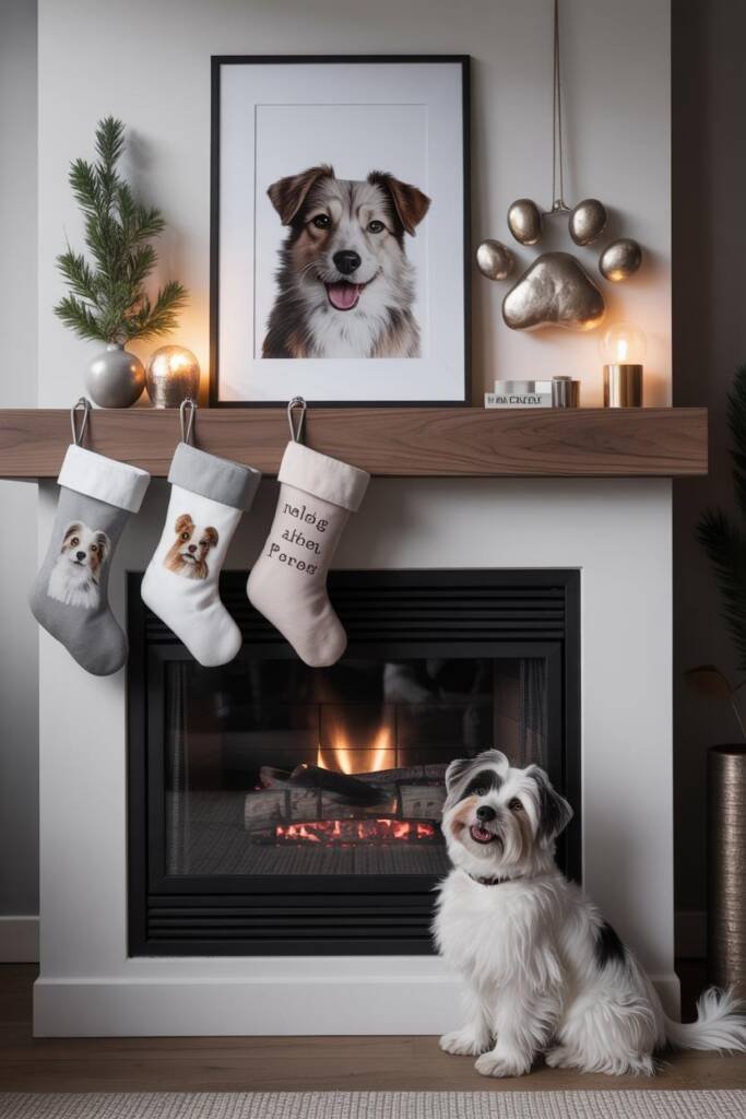 Pinterest vertical 2:3. Fireplace mantel with embroidered stockings including pet names, framed watercolor-style pet portrait