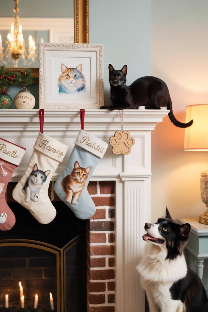 Pinterest vertical 2:3. Fireplace mantel with embroidered stockings including pet names, framed watercolor-style pet portrait