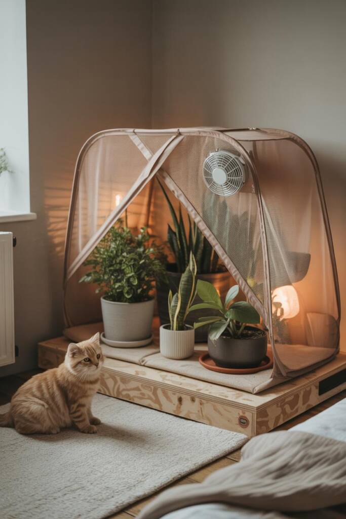 Vertical 2:3 grouping of indoor plants covered by an upside-down pop-up mesh hamper; small USB fan clipped on; saucer under t