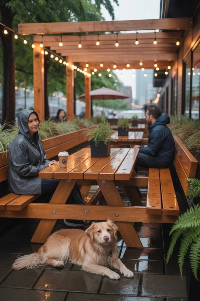 Candid shot of a mixed-breed dog on a fern-lined Forest Park trail; soft drizzle, mossy trees, owner in rain jacket with reus