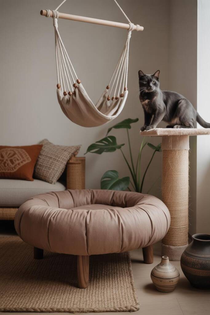 Pinterest vertical (2:3). Cozy setup aligned with Moroccan cat lounge cat trees: rounded pouf-like cat bed in tufted vegan le