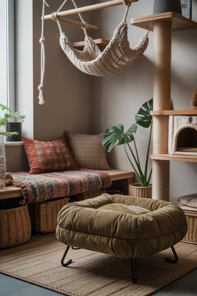 Pinterest vertical (2:3). Cozy setup aligned with Moroccan cat lounge cat trees: rounded pouf-like cat bed in tufted vegan le