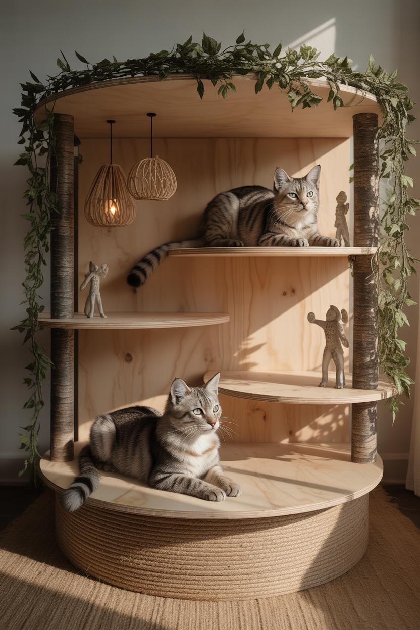 Photoreal raw-wood cat fort: unfinished timber platforms, faux exposed root base, subtle moon-wash paint on edges, leafy garl
