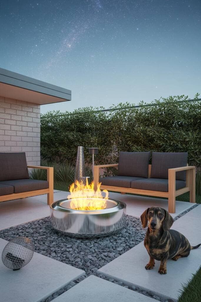 Vertical 2:3, stone patio with heavy cast-iron raised fire bowl on non-slip flagstone, wide gravel buffer, beagle sitting cal