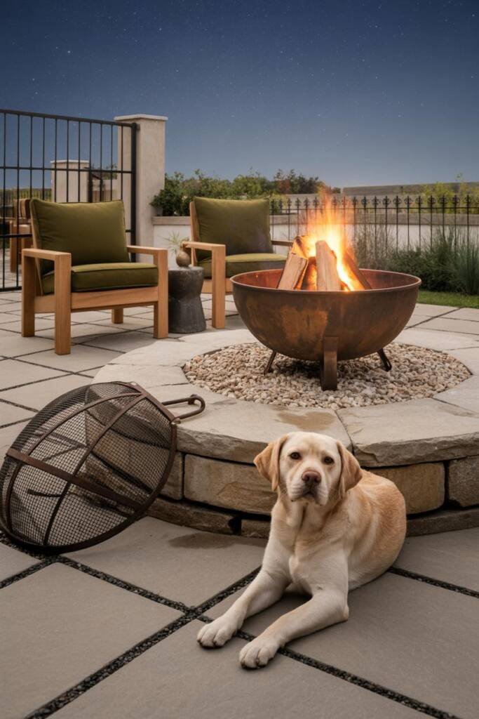 Vertical 2:3, stone patio with heavy cast-iron raised fire bowl on non-slip flagstone, wide gravel buffer, beagle sitting cal