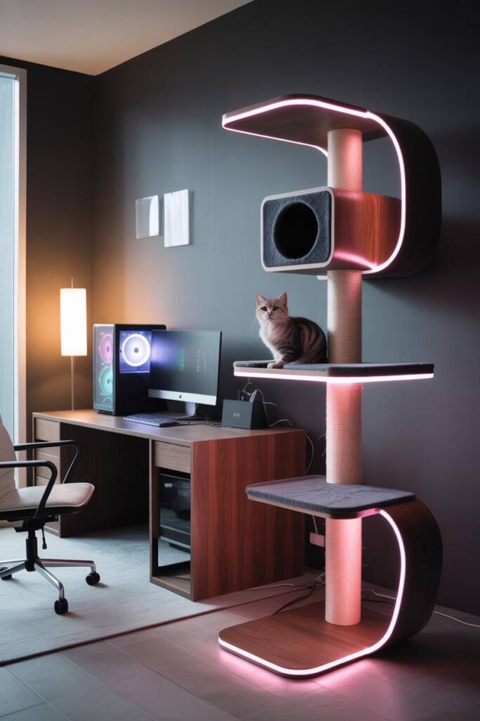 Photorealistic vertical 3:4 hero image of a modern RGB-lit cat tree next to a dual-monitor battlestation; addressable LED str
