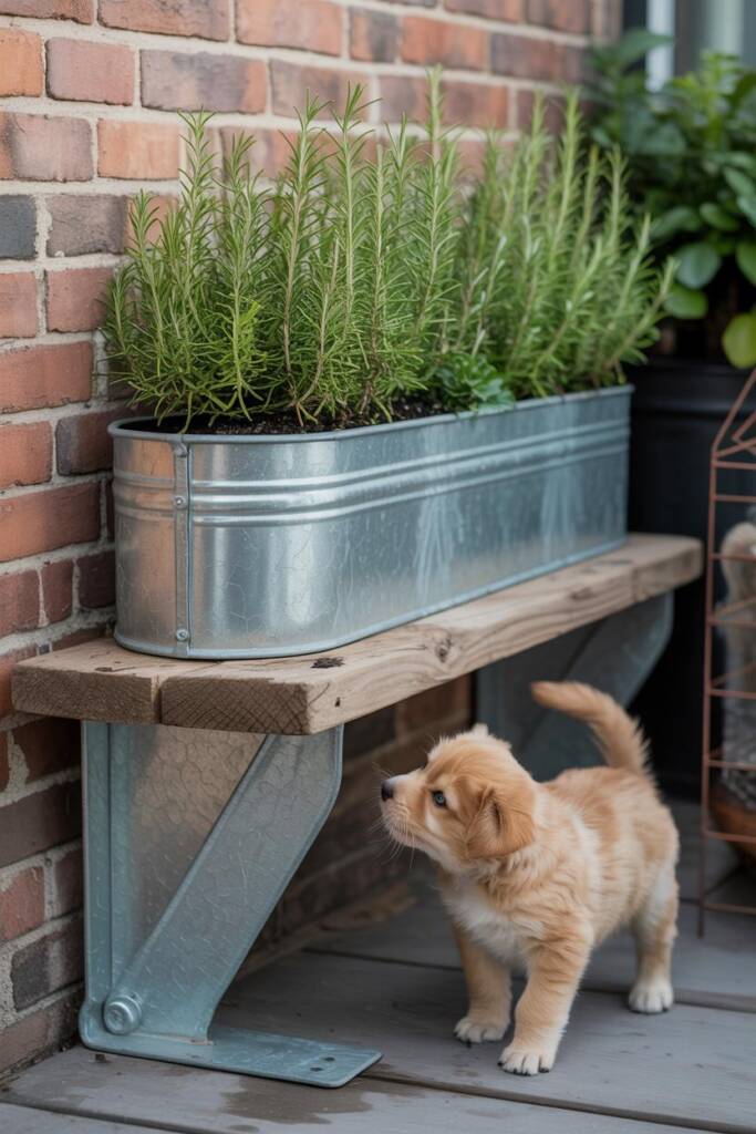 Rosemary sprigs in a garden with a playful puppy. herbs that are safe rosemary for pets