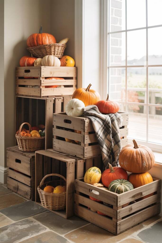 Rustic wooden crates stacked with pumpkins, plaid blankets, and gourds creating a farmhouse fall vignette, stable and pet-saf