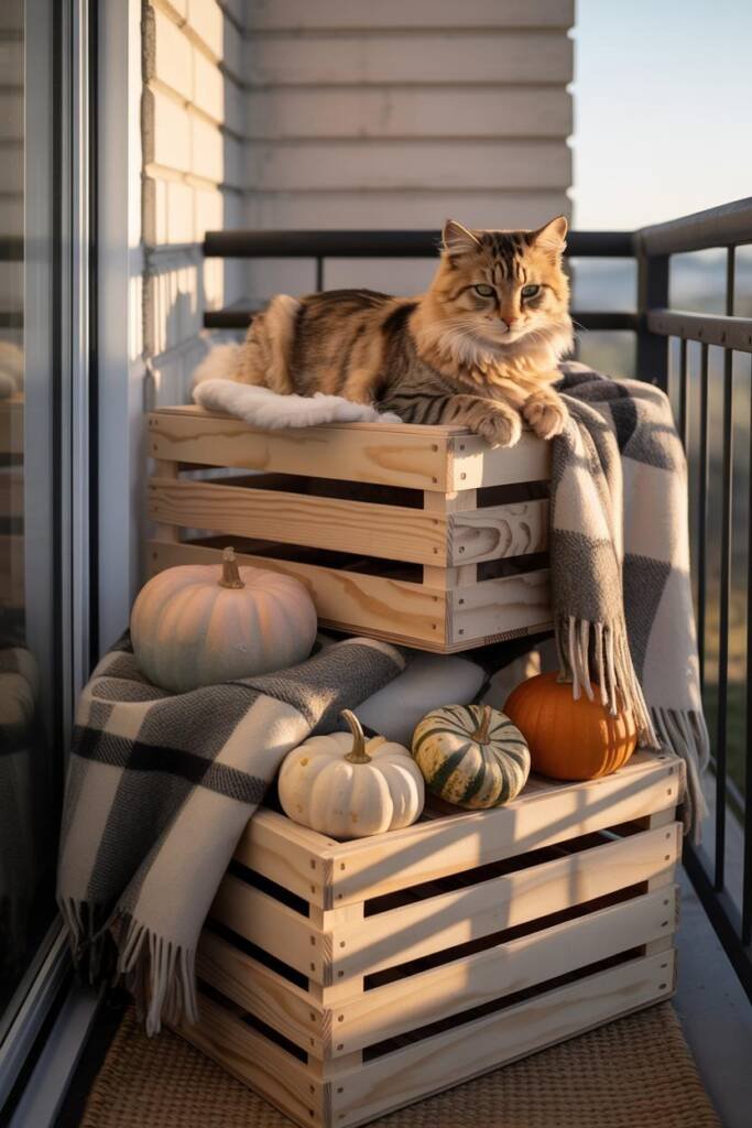 Rustic wooden crates stacked with pumpkins, plaid blankets, and gourds creating a farmhouse fall vignette, stable and pet-saf