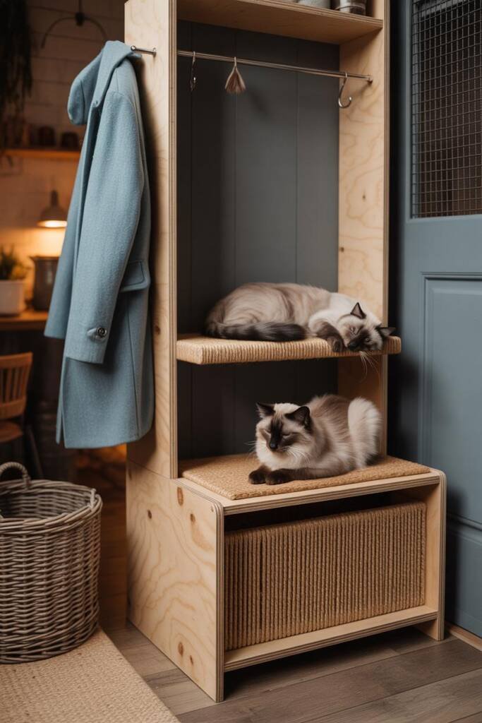 Vertical 2:3 image of a barnwood coat stand with wide base and sisal-wrapped lower section; plaid coat on hook; perch platfor