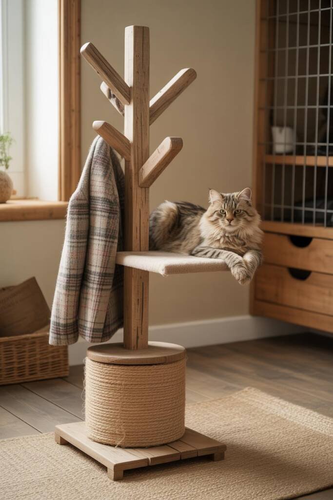 Vertical 2:3 image of a barnwood coat stand with wide base and sisal-wrapped lower section; plaid coat on hook; perch platfor
