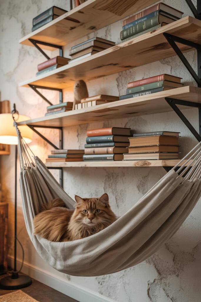 Photorealistic vertical 2:3; rustic reclaimed-wood wall shelves with visible grain; fabric hammock elegantly stretched betwee