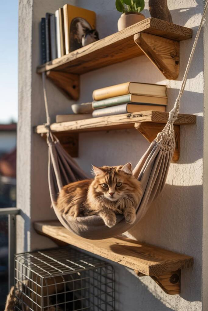 Photorealistic vertical 2:3; rustic reclaimed-wood wall shelves with visible grain; fabric hammock elegantly stretched betwee