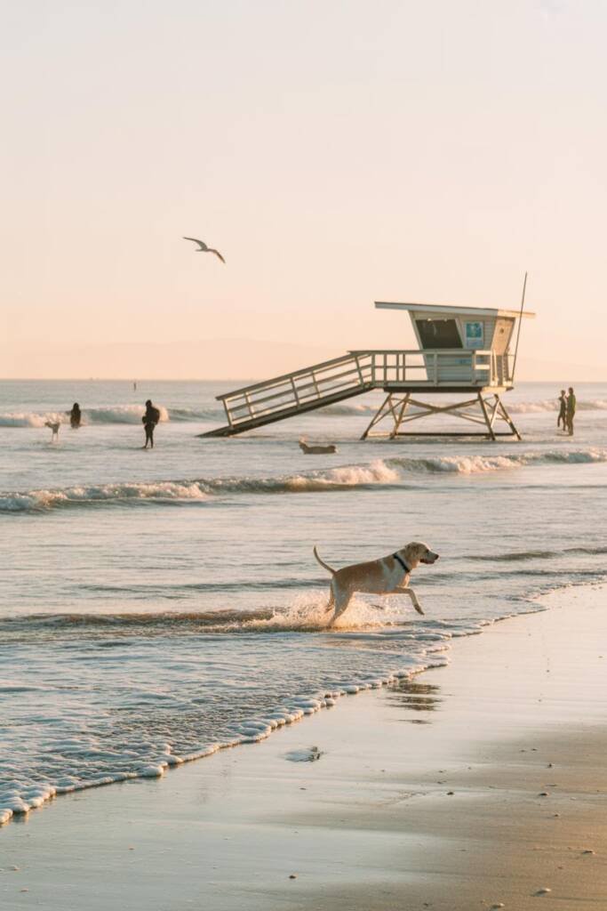 Playful beach action at Dog Beach: wet labrador sprinting through shallow surf, surfer silhouettes, lifeguard tower in backgr