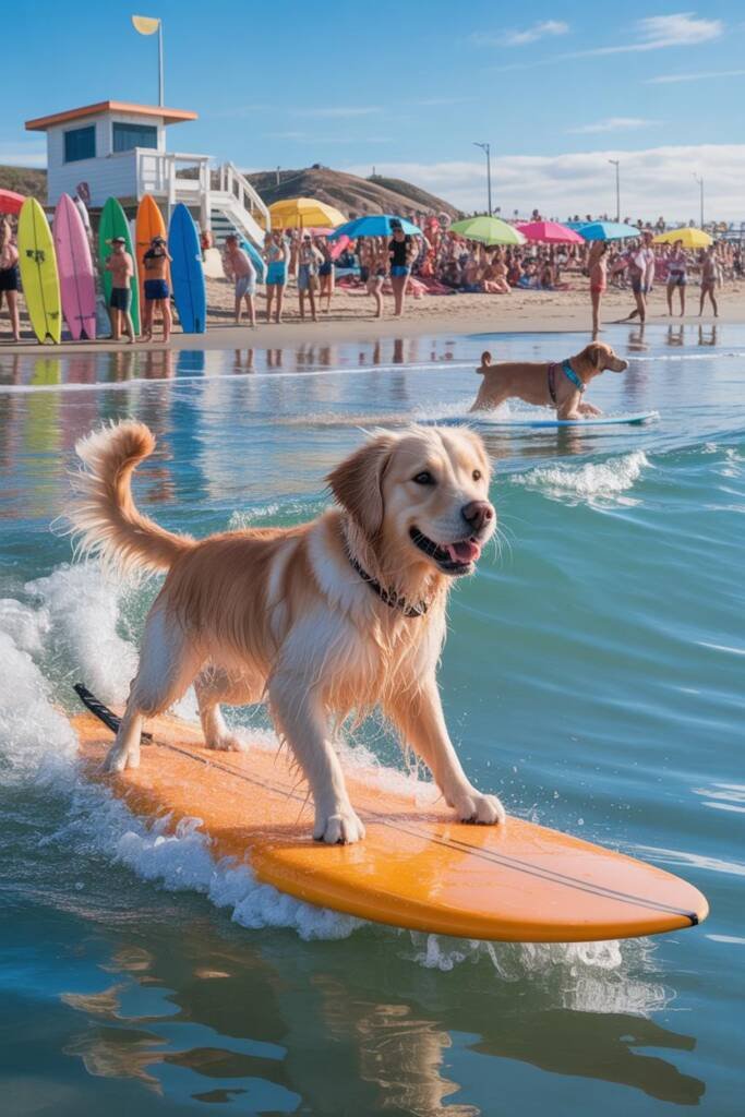 Playful beach action at Dog Beach: wet labrador sprinting through shallow surf, surfer silhouettes, lifeguard tower in backgr