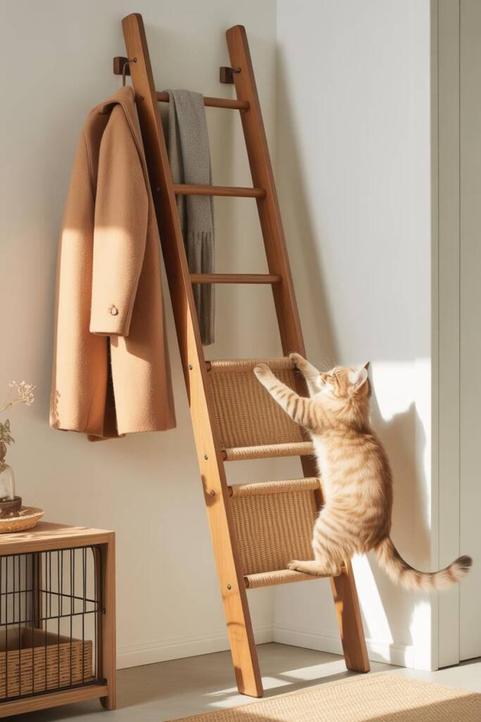 Vertical 2:3 image of a pale wood leaning ladder against a white wall; top rungs with camel coat and scarf; lower rungs cover