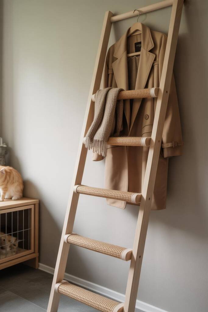 Vertical 2:3 image of a pale wood leaning ladder against a white wall; top rungs with camel coat and scarf; lower rungs cover