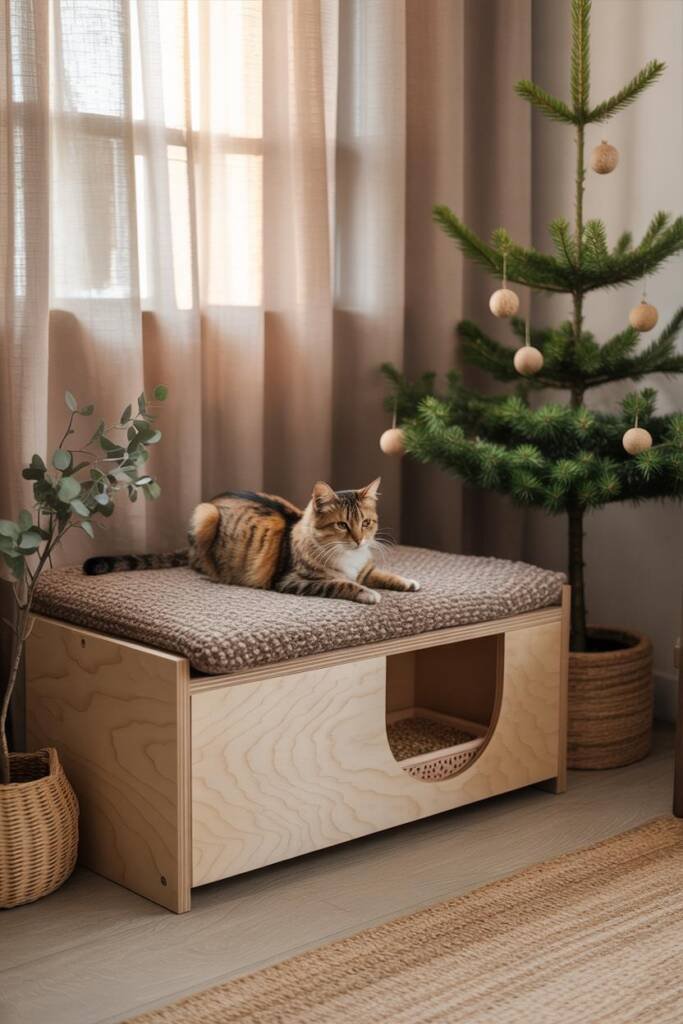 Pinterest vertical 2:3. Serene Scandi room: pale wood furniture, wool rug, eucalyptus in vase; stylish cabinet with discrete