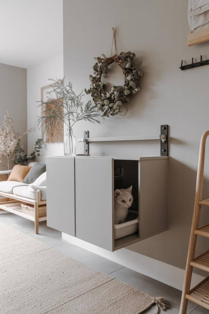 Pinterest vertical 2:3. Serene Scandi room: pale wood furniture, wool rug, eucalyptus in vase; stylish cabinet with discrete