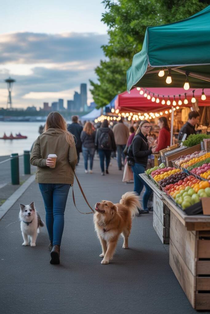 Owner sipping takeout coffee while tossing a ball at Magnuson Park; happy dog near Lake Washington shoreline, kayaks in dista