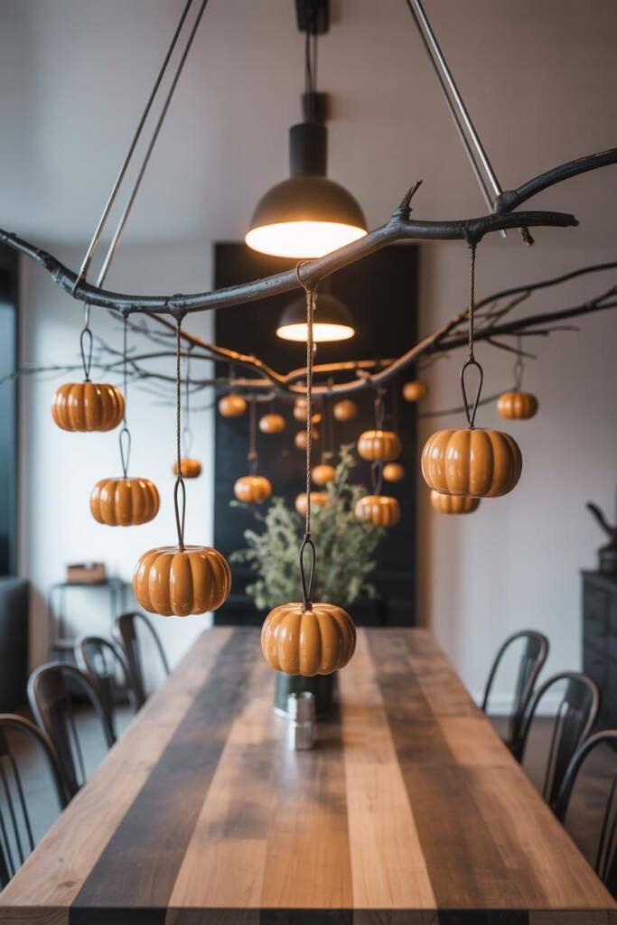 A decorative indoor tree with orange shatterproof pumpkin ornaments hanging from branches, safe from playful cats pet-friendl