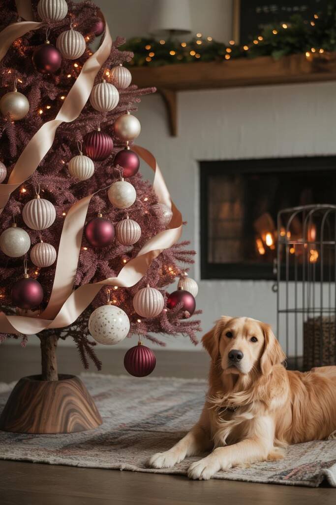 Pinterest vertical 2:3 (1000x1500). Hyperrealistic living room scene; modern tree styled with shatterproof metallic and frost