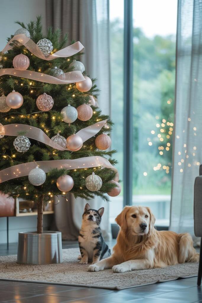 Pinterest vertical 2:3 (1000x1500). Hyperrealistic living room scene; modern tree styled with shatterproof metallic and frost