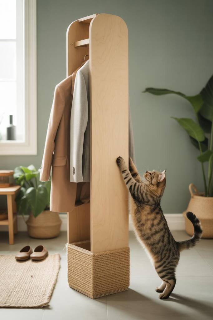 Vertical 2:3 photo of a light oak minimalist coat rack in a bright Scandinavian entryway; base wrapped in natural sisal; two