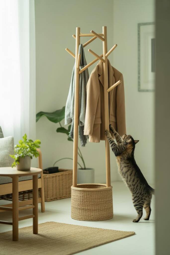 Vertical 2:3 photo of a light oak minimalist coat rack in a bright Scandinavian entryway; base wrapped in natural sisal; two