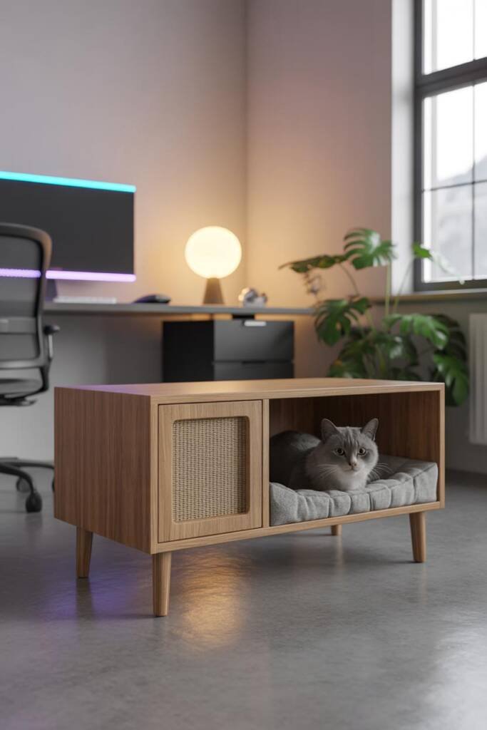 Photorealistic 3:4 image of a minimalist Scandinavian-inspired bench in matte white with hidden cubby for cats; Russian Blue