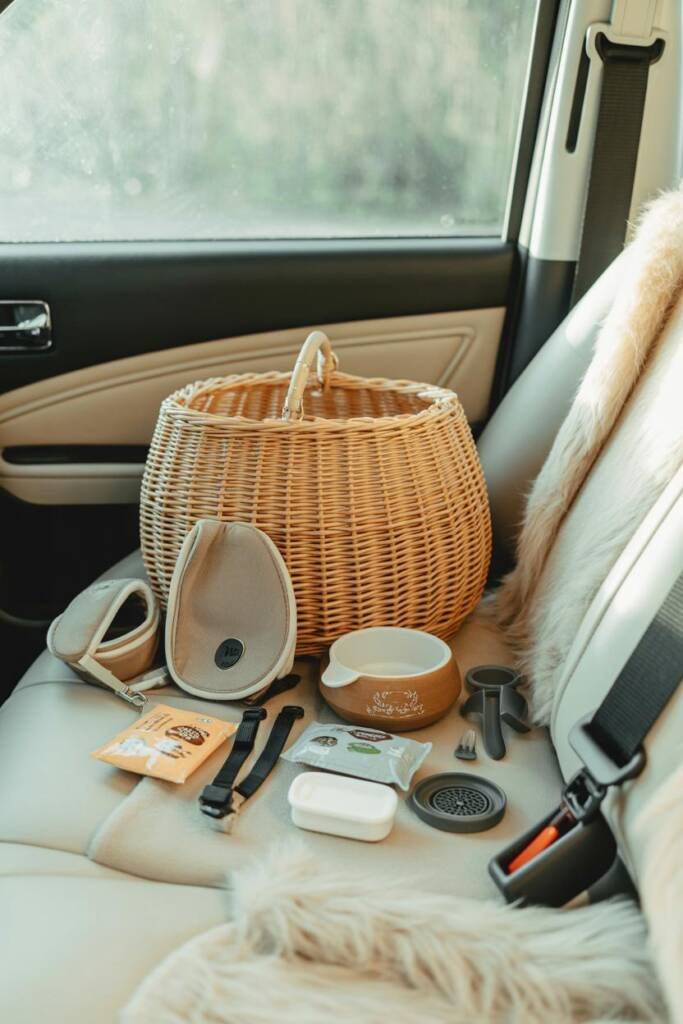 Vertical 2:3 flat lay: neatly arranged cat travel kit on car seat—hard carrier, harness/leash, water bowl, wet food pouches,