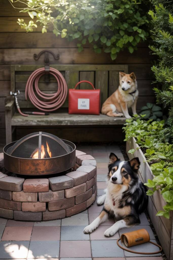 Vertical 2:3, vignette set: fire pit with fitted spark screen, hose coiled neatly, labeled pet first-aid kit on a bench, trea