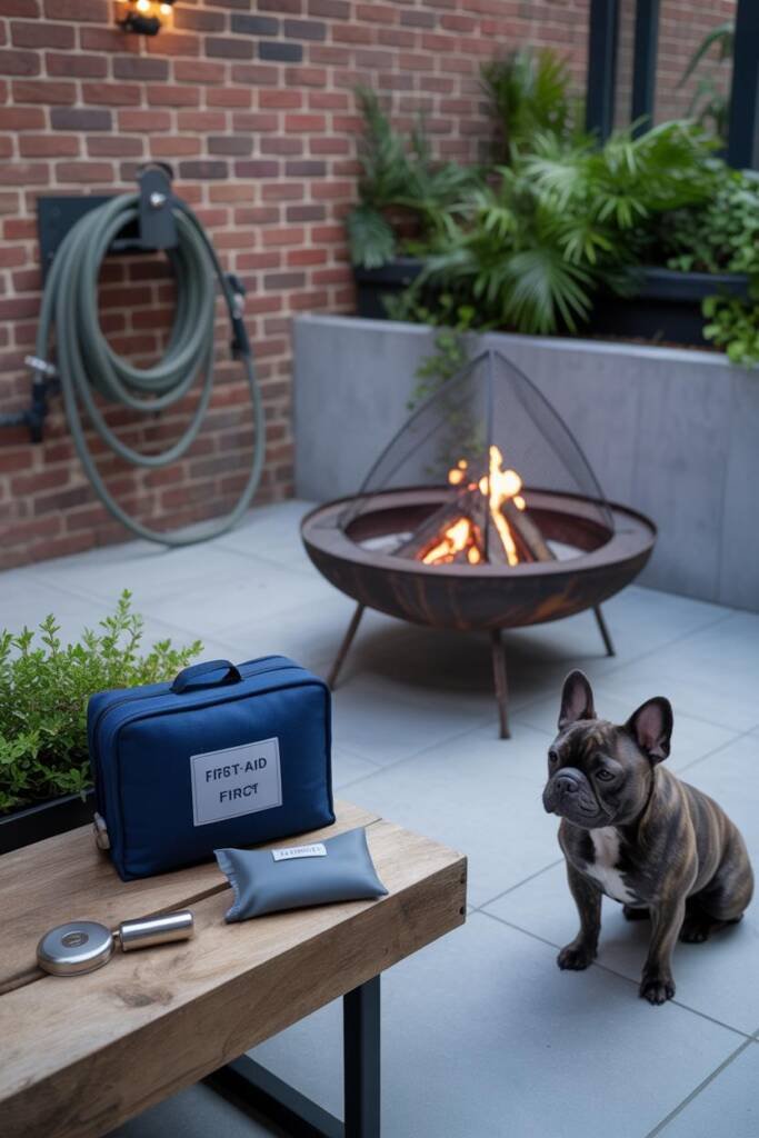 Vertical 2:3, vignette set: fire pit with fitted spark screen, hose coiled neatly, labeled pet first-aid kit on a bench, trea