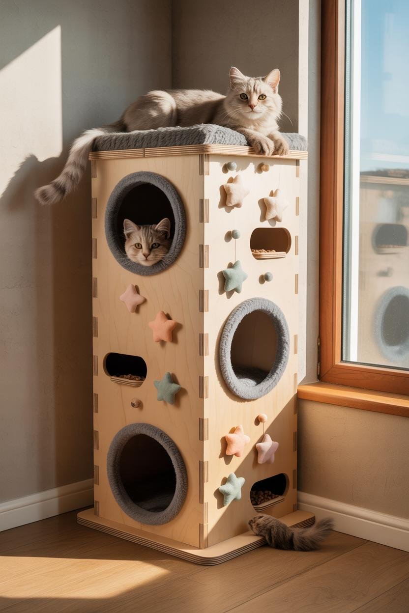 Photoreal vertical cat tower with multiple circular hidey-nooks: plush black faux-fur interiors, scattered pastel felt star p