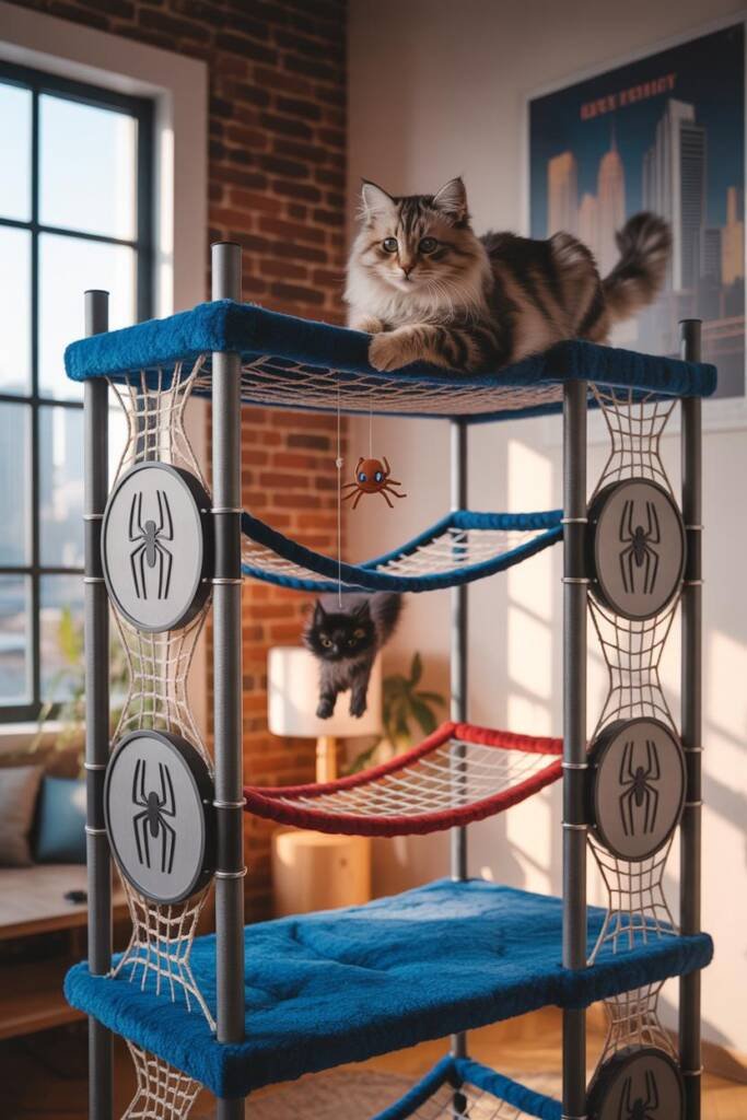Vertical 2:3 photorealistic image of a dynamic cat tower with rope nets stretched in geometric web patterns between posts. Ci