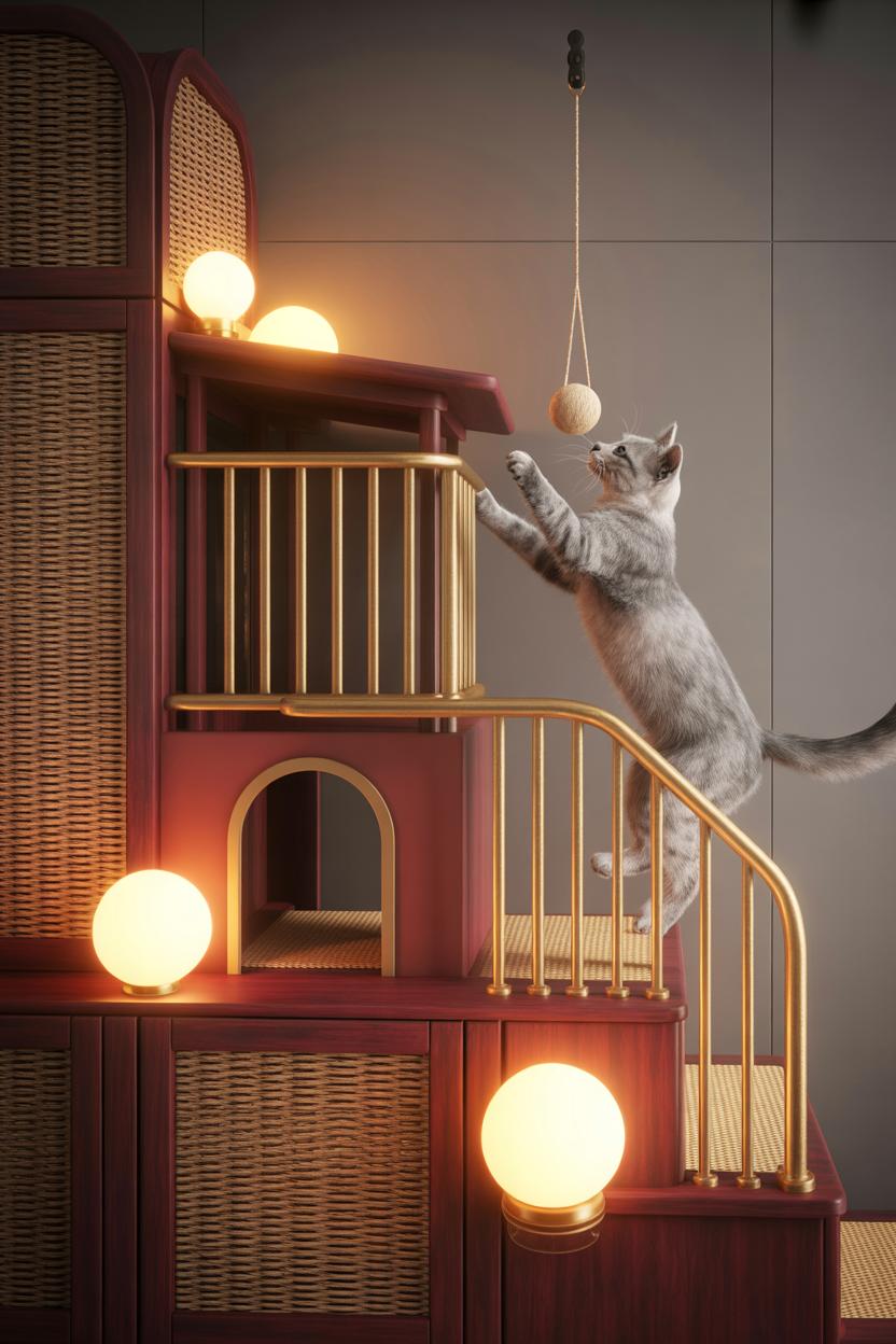 Photoreal multi-tier cat perch resembling a vintage bathhouse balcony: slim gold railings, small vermilion torii-inspired arc