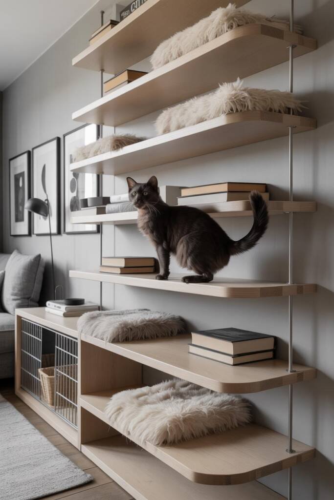 Photorealistic vertical 2:3; stepped floating shelves forming a diagonal path; alternating stacks of books and thin cushions;