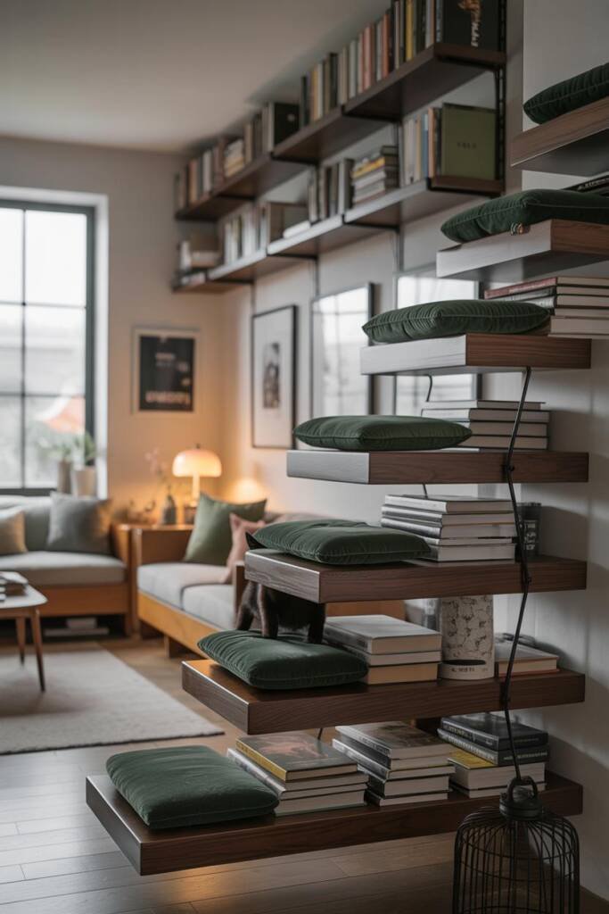 Photorealistic vertical 2:3; stepped floating shelves forming a diagonal path; alternating stacks of books and thin cushions;