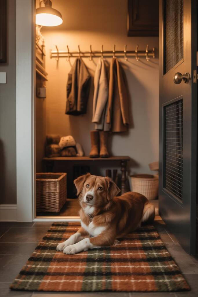 Pinterest vertical 1000x1500; warm autumn entryway with coir doormat over plaid runner (rust, oat, charcoal), aged brass hook