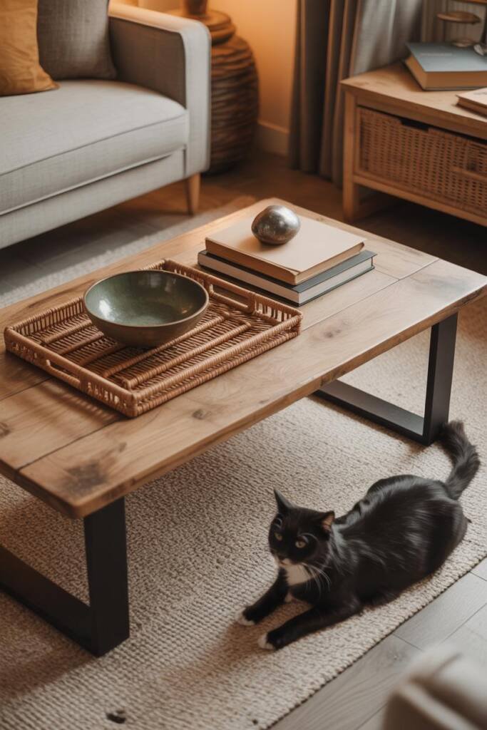 Pinterest vertical 1000x1500; round walnut tray on coffee table with shallow charcoal bowl, linen-bound books, small aged-bra