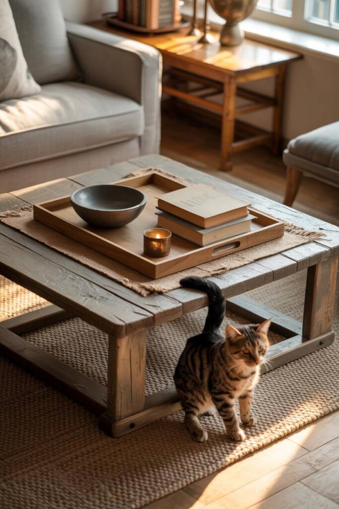 Pinterest vertical 1000x1500; round walnut tray on coffee table with shallow charcoal bowl, linen-bound books, small aged-bra