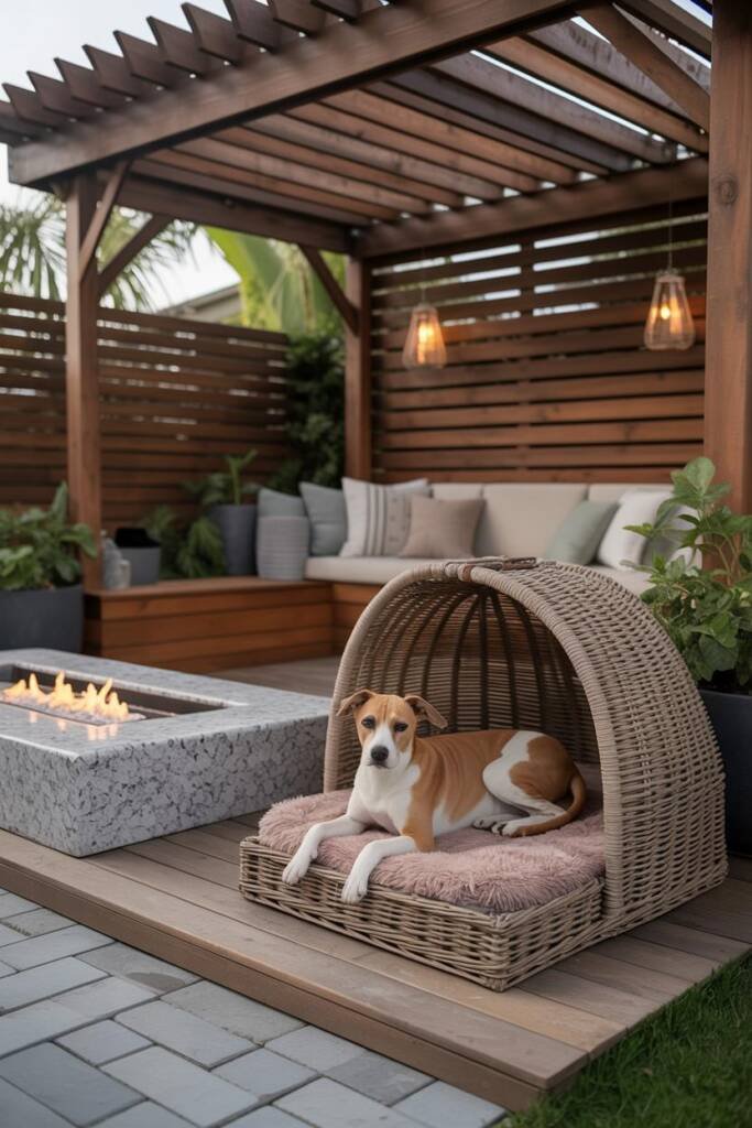Vertical 2:3, designer patio with low linear fire feature, shaded dog nook with small canopy and plush mat, layered planters,