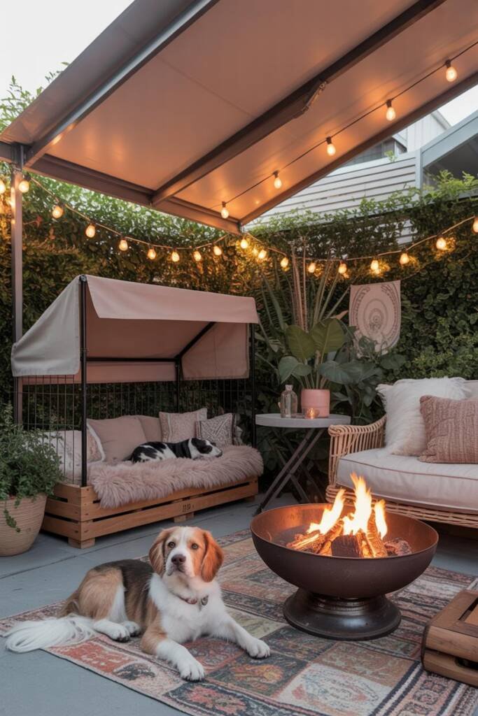 Vertical 2:3, designer patio with low linear fire feature, shaded dog nook with small canopy and plush mat, layered planters,