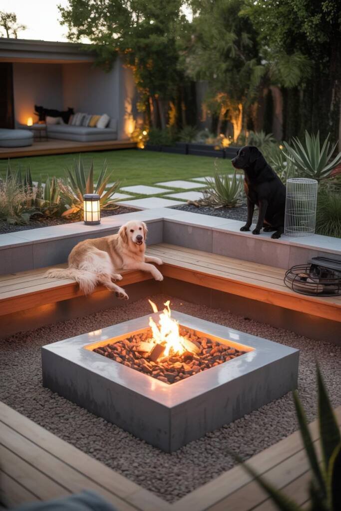 Vertical 2:3, contemporary yard with a sunken circular fire pit below grade, wide stone coping/ledge seating, pea-gravel surr